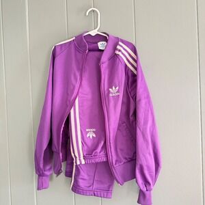 Vtg adidas Kids Tracksuit Purple Trefoil Jacket Pants Set USA Made M 80s 90s